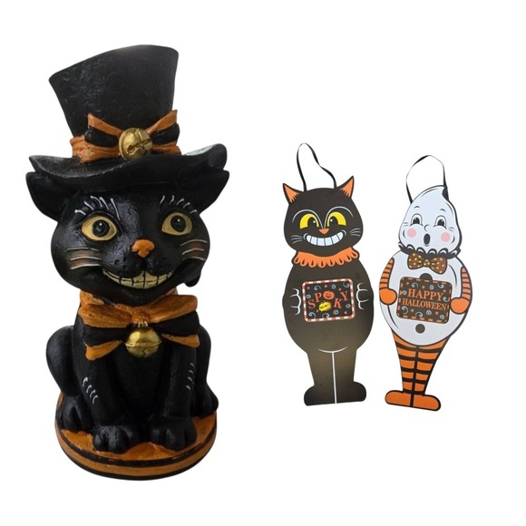 Johanna Parker Style Halloween Decor Bundle Black Cat Statue & Hanging Signs - Picture 1 of 10